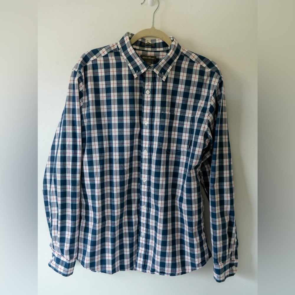 Eddie Bauer Men's Blue and White Plaid Button-up , size L